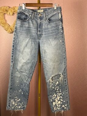 Madewell Light Blue Distressed Straight-Leg Jeans with White Paint Splatter